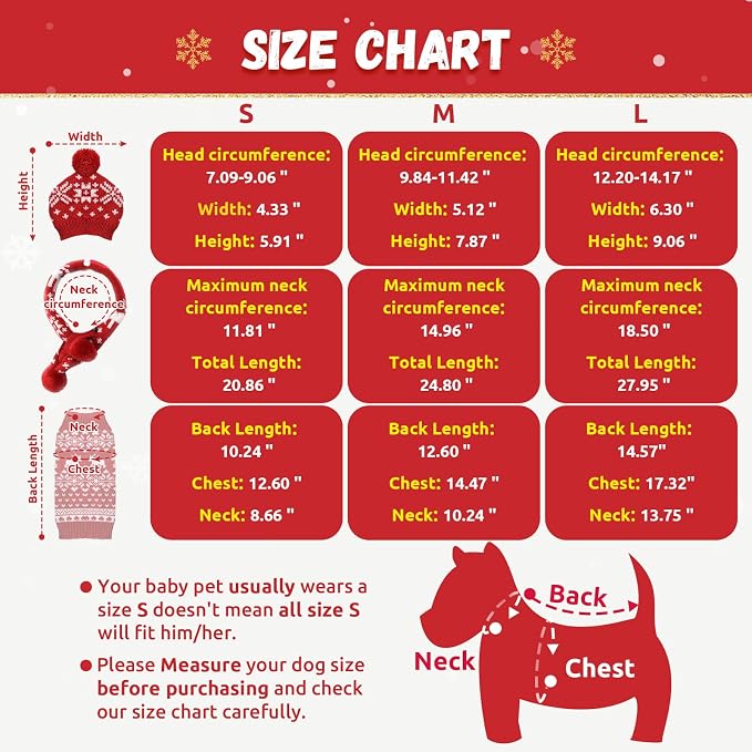 ABRRLO Dog Christmas Outfit 3 PCS Set Pet Xmas Sweater Hat Scarf Snowflake Christmas Dog Cat Sweaters Costume Winter Warm Small Dogs Clothes New Year Holiday Puppy Clothing (Scarf + Hat + Sweater,L)