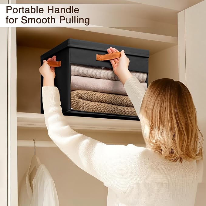 Large Storage Bins with Lids - 6 Pack Foldable Decorative Organizers with Clear Windows & Handles, Cube Storage Organizers for Clothes, Blankets, Sweaters, Sheets, Black
