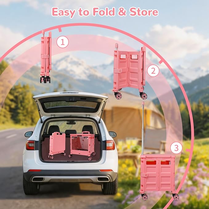 FELICON SELORSS Folding Utility Cart Portable Rolling Crate Handcart-Pink | Magnetic Sliding Lid+Lockable Transparent Front Panel,Telescoping Handle,4 Swivel Wheels Tote for Travel Shop Office Teacher