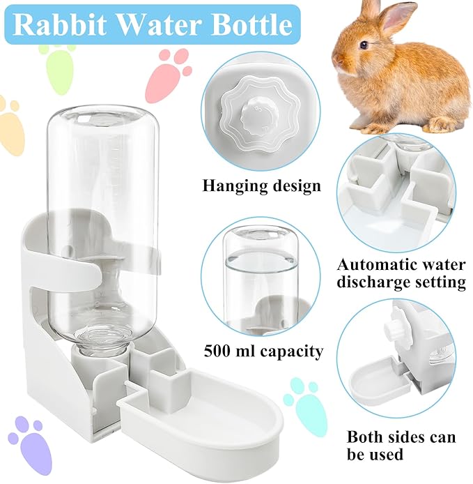 kathson Rabbit Water Dispenser for Cage 17 Oz Hanging Guinea Pig Water Bottle No Drip Gravity Automatic Bunny Water Bottle No Leak Small Animal Water Bottle for Chinchilla Ferret Hamster（White）