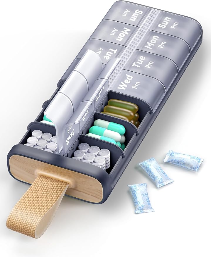 Pill Organizer 2 Times a Day, Built-in Desiccant | 7 Day AM PM Weekly Pill Box, Easy-Open, Portable Carry Handle, BPA-Free, Matte Privacy Case for Supplements and Vitamins