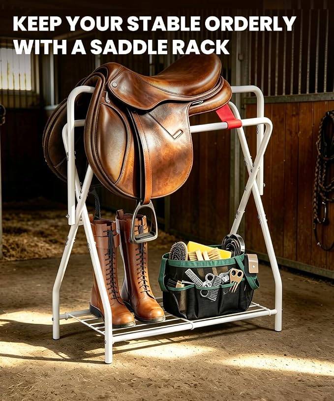 Portable Saddle Rack for English and Western Saddles, Folding Horse Saddle Stand with Bottom Storage for Horse Stable Equipment, Saddle Pad Rack, White | Portable, High-grade Steel