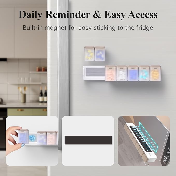 KOVIUU Weekly Pill Organizer, Magnetic Medicine Vitamin Case 1 Time a Day | Week Once Daily Supplement Box, Removable Medication Container Holder for Fridge, 7 Day Large Travel Pill Dispenser, Brown