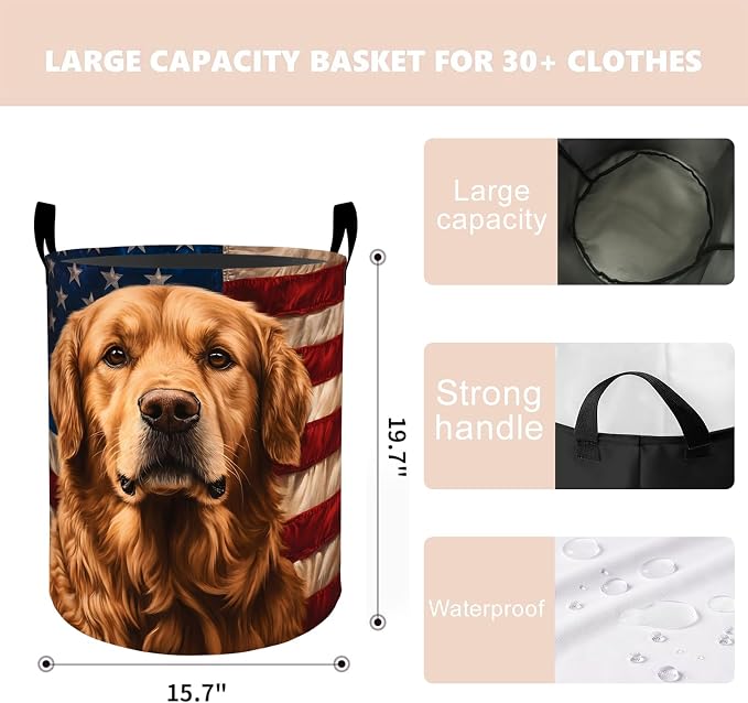 Patriotic Golden Retriever Laundry Basket Hamper 19.7"x15.8", Organizer Bins Gifts for Kids Boys Girls, American Flag Foldable Waterproof Oxford Clothes Storage Bucket for Bedroom Bathroom Decor