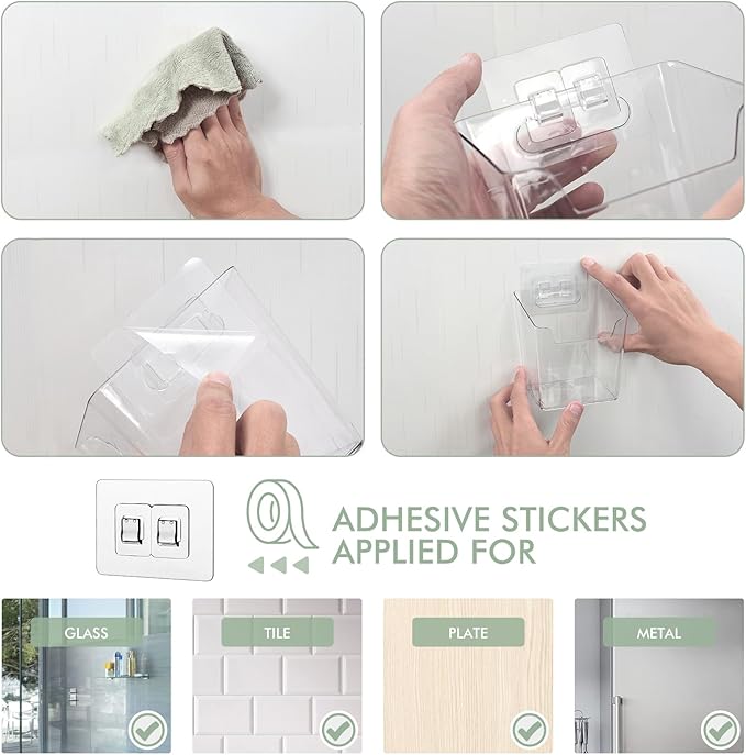 Clear Adhesive Wall Storage Bins 4-Pack Cabinet Door Organizer Cups(Medium) | Clear PET Hanging Wall Mount Pockets, Plastic Caddy for Shower Bathroom Makeup Office Craft Kitchen Sink RV Organization