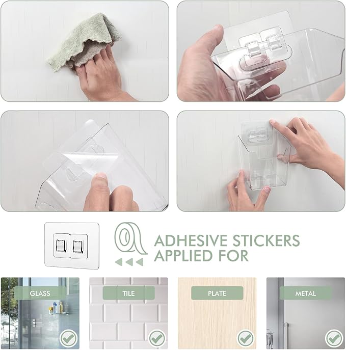 Clear Adhesive Wall Storage Bins, 4 Pack Cabinet Door Organizer Cups(Large) | Clear PET Hanging Wall Mount Pockets, Plastic Caddy for Shower Bathroom Makeup Office Craft Kitchen Sink RV Organization