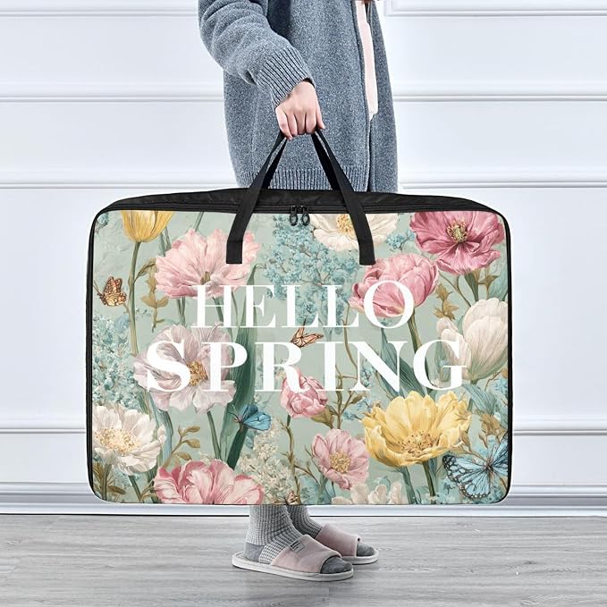 Comforter Storage Bags Large Folding Blanket Organizer Bag with Strong Handles Clear Window Closet Storage Containers for Clothes King Queen Pillows Bedding Quilt Duvet Green Spring Tulip Wildf