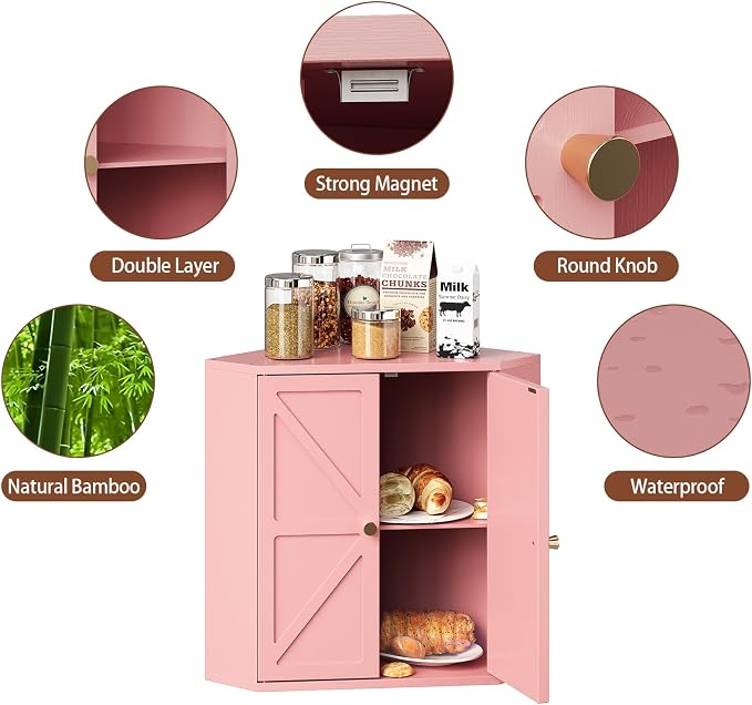 Trironsun Corner Bread Box for Kitchen Counter Double Layer Bamboo Bread Storage Container Large Capacity Bread Storage Bin Farmhouse Breadbox Organizer (Pink)