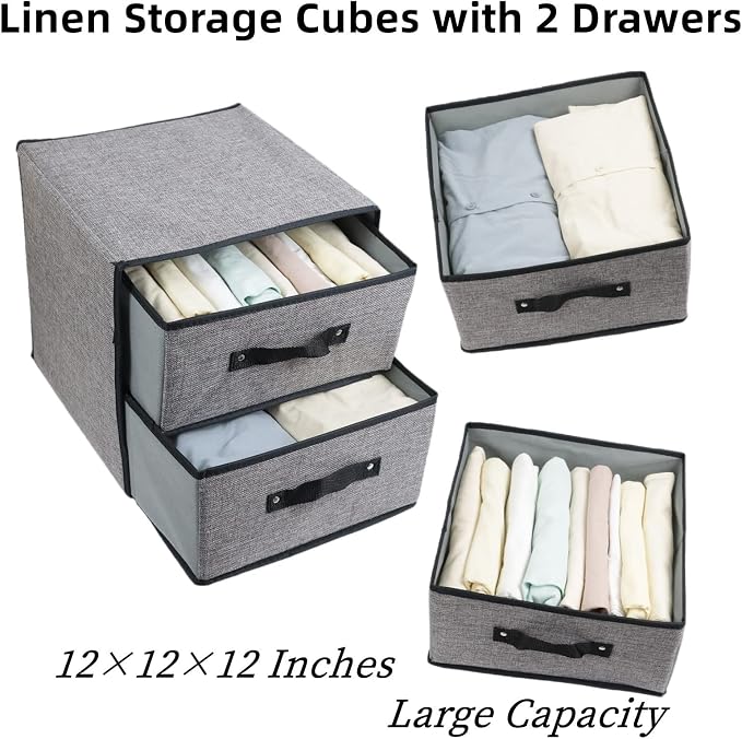 Linen Closet Organizer and Storage, Fabric Storage Drawer Organizer with 2 Drawers for Underwear, Sock, Bra, Small Items, 121212 INCH (Gray)