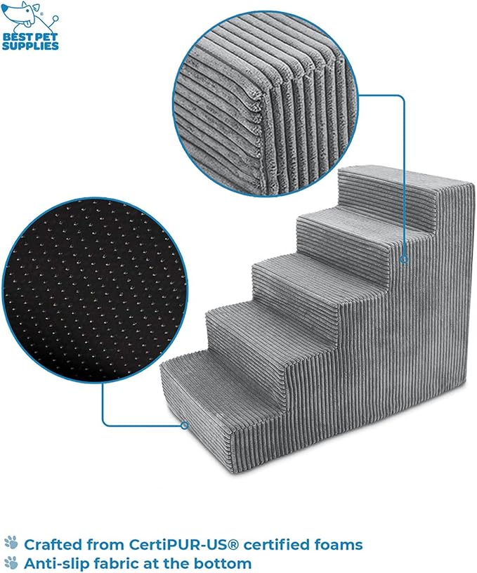 Best Pet Supplies Dog Stairs & Steps - Foam Steps for Small Dogs & Cats, Non-Slip Indoor Balanced Pet Step Support, Dog Ramp, No Assembly, Gray, 5-Step (22.5-inch Height)