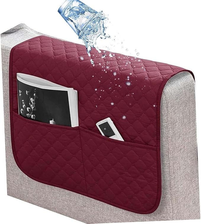 Armrest Covers Arm for Chairs Couch Sofa Armchair Slipcovers Recliner Organizer Non-Slip Chair Bedside Storage Caddy Holder 2 Pockets Magazines Waterproof(Dark Red)
