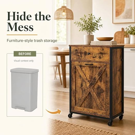 VINGLI 13 Gal Tilt Out Trash Can Cabinet with Drawer & Wheels, Rustic Brown | Wood Hidden Trash Can Kitchen Cabinet with Drawer, Freestanding Pet Proof Storage Organizer, Laundry Basket
