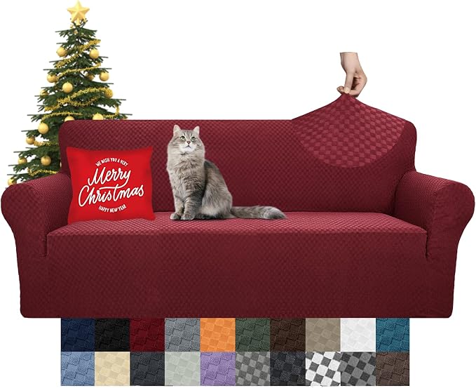 YEMYHOM Couch Cover Latest Jacquard Design High Stretch Sofa Covers for 3 Cushion Couch, Pet Dog Cat Proof Slipcover Non Slip Magic Elastic Furniture Protector (Sofa, Christmas Wine Red)