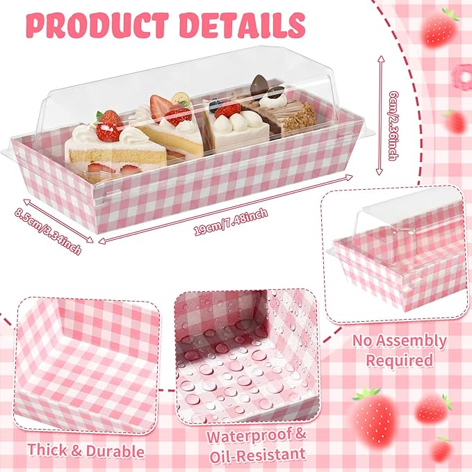 Bokon 50 Pack Pink Gingham Treat Boxes with Clear Lids, Window Dessert Boxes for Cookies Cupcakes Macarons, Disposable Bakery to Go Containers for Wedding Favors, Bridal Shower, Sweet 16 Party