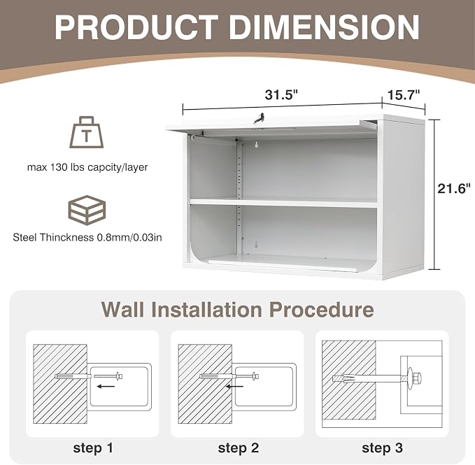 Metal Wall Cabinet with Locking Door and Shelf, Hanging Garage Cabinets with Up-Flip Doors for Garage, Warehouse, Home, Office, Assembly Required (White, One Cabinet)