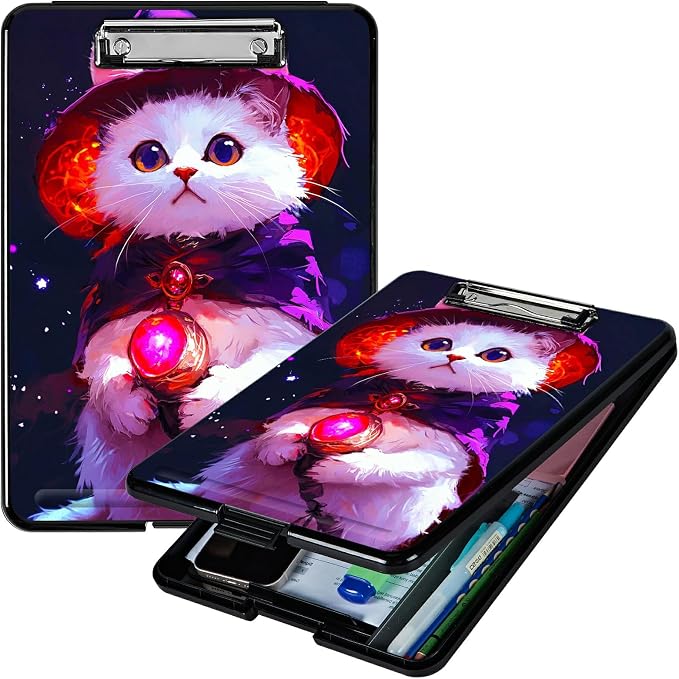Purple White Cat A4 Clipboard with Storage Pen Holder, Clipboards Organizer Nursing Clipboard Foldable File Folder Plastic Clipboard Folio Clip Board for Office Students Classroom Doctor