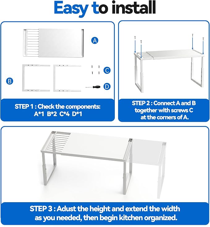 Expandable Cabinet Shelf Organizer, Stackable Countertop Shelves, White | 15.8''- 25.5'' In Cabinet Shelf, Adjustable Kitchen Cabinet Organizer for Pantry Organizer, CupBoard Organizers and Storage