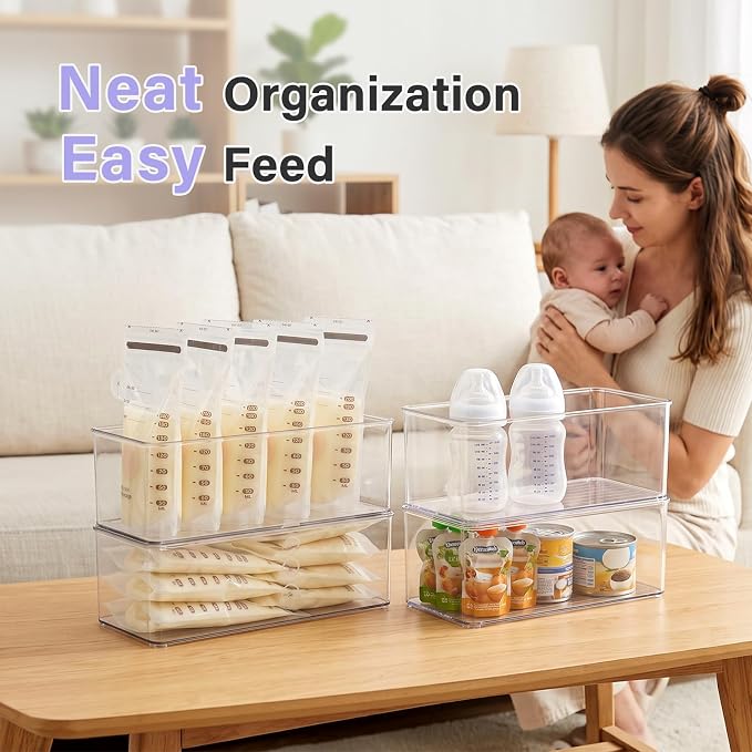 Hudgan 4 Pcs Storage Container Breastmilk for Fridge, Clear Organizer Bins for Milk Bags, Plastic Storage Bins for Freezer,Pantry, Bottles Bathroom, Vanity, Drawer and Yogurts,4.4" Wide