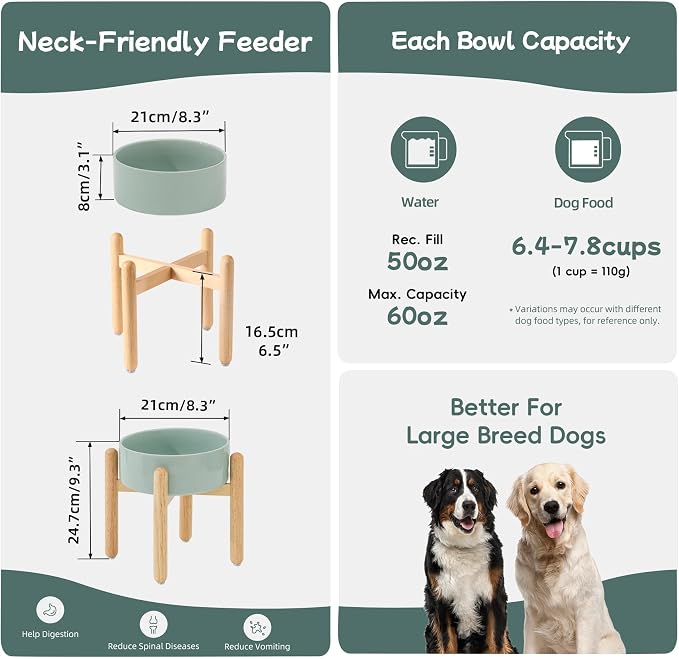 Havniva Ceramic Dog Bowls Elevated, Raised Dog Food Bowl for Large Dogs | 8.3” Elevated Dog Bowls, Non-Slip Wood Stand, Dog Food and Water Bowl Set, Dog Feeding Dish, Large Capacity Pet Water Bowl
