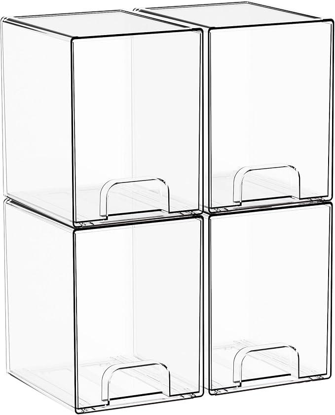 Yieach 7.5" High Stackable Storage Bins,4 Pack Bottle Station and Baby Bottle Storage Organizer for Countertop,Clear Acrylic Drawers for Pacifier,Breast Pump Parts,Storage Containers,Makeup and Lotion