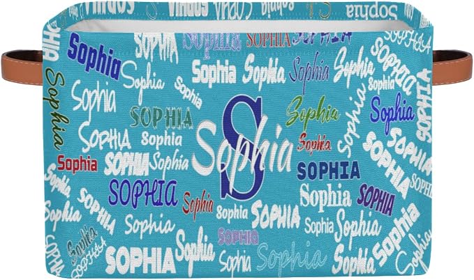 Custom Storage Baskets for Kids Name, Large Foldable Organizer Collapsible Storage Bin with Leather Handle for Home Toys Closet Nursery, Sea Blue Background