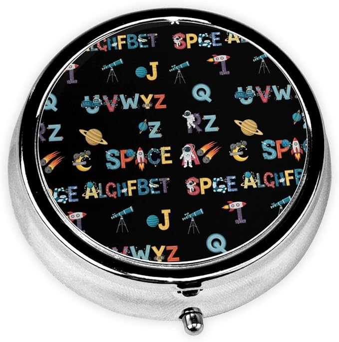 Travel Pill Case, Round Metal Organizer, Small Dispenser for Supplements, Pocket Purse Holder for Outdoor Adventures, Space Solar System Galaxy Science Rocket Planet Astronaut English Alphabet