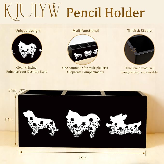 Dog Pen Holder for Desk, Pet Lover Owner Gifts, Black and White Floral Dog Wooden Box Pencil Pen Holder Organizer for Home Office Desk Accessories