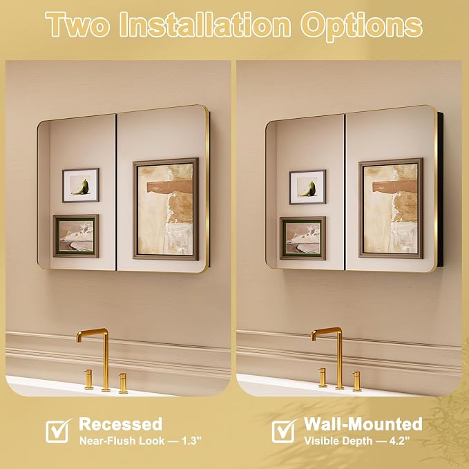 32x24 in Brushed Gold Double Door Medicine Cabinet with Mirror, Gold