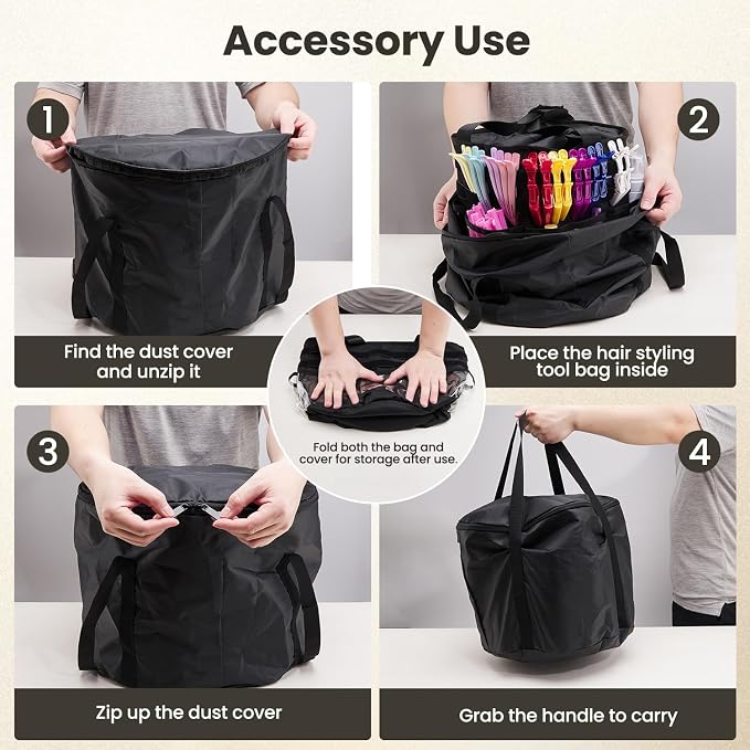 Hairstylist Travel Bag, with Dust Cover, 11L Large Capacity, Heat-Resistant Interior, Clear Pockets, 24 Hook-and-loop Slots, Top Drawstring, Makeup & Pet Grooming Supplies Organizer