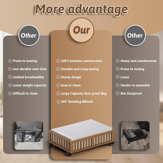MHXW SXPN 2 Pack Bamboo Under Bed Storage Containers with Wheels, Brown | Underbed Drawer Storage with Bag, Wood Rolling Underbed Organizer for Shoes, Sheets Clothes Blanket Comforter, Under Crib Toy