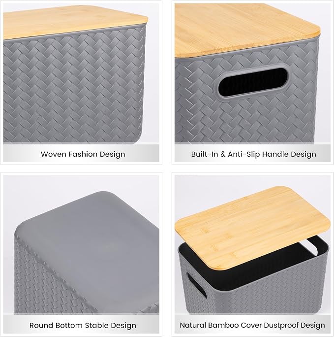 Ohmlove 4 Pack Storage Bins with Bamboo Lids,Stackable Box for Organization | Plastic Storage Containers with Handle, Storages Baskets for Organizing Desktop Closet Playroom Classroom Office, Gray
