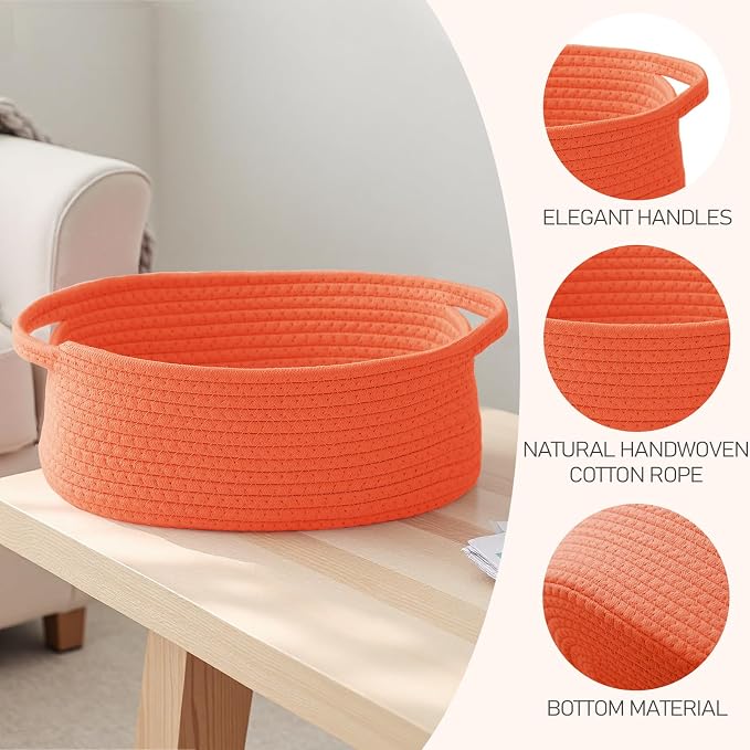 JMvicyroam Small Woven Basket, Empty Gift Basket, Orange/3 Pack | Small Gift Basket, Cotton Rope, 12 x 8 x 17 in, Handles, Includes Ribbon and Bag, Birthday Gift Basket