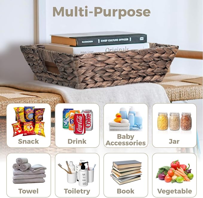 Set of 3 Snack Baskets, Water Hyacinth Basket,Wicker Snack Basket Organizer | Small Wicker Baskets with Handles, Woven Baskets for Storage (3 Medium Basket)