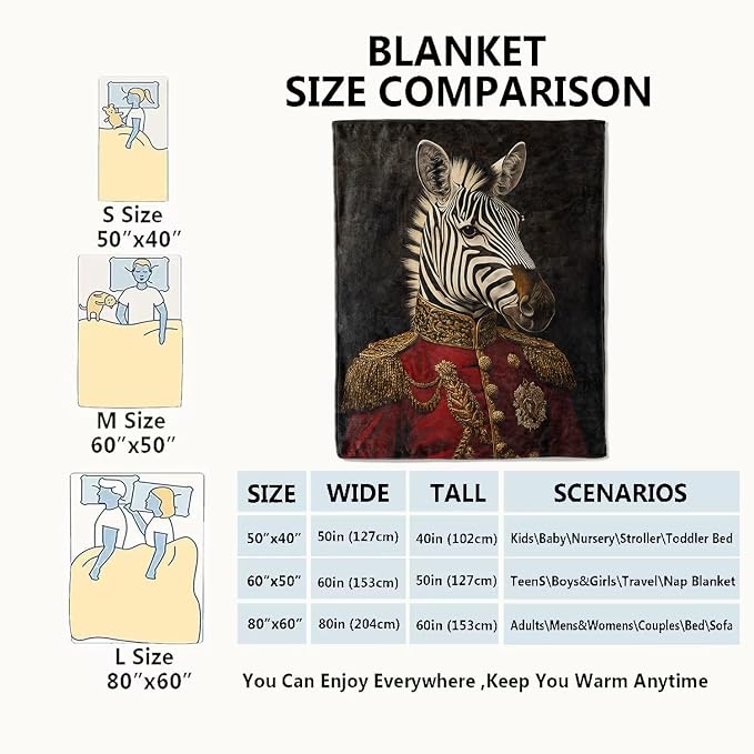 Cool Zebra Blanket Animal in Military Uniform Throw Blankets,Gifts for Adult Women Men,Lightweight Soft Fleece,Fantasy Lovers,Sofa Couch Bed Room Art Decor 50x60in