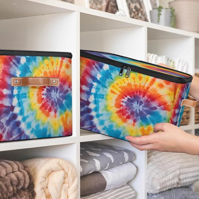 Pardick Storage Bin Rainbow Tie Dye Storage Baskets with Zipper Lid & Handle Foldable Closet Shelf Cloth Organizer Basket Cube Bins Clothes Organizer for Nursery, Bedroom