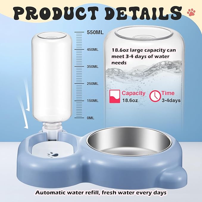 Blue Cat Food and Water Bowl and Non-Slip Silicone Mat Set Stainless Steel Food Bowl with 18.6oz Large Capacity Water Dispenser for Cats and Small Dogs
