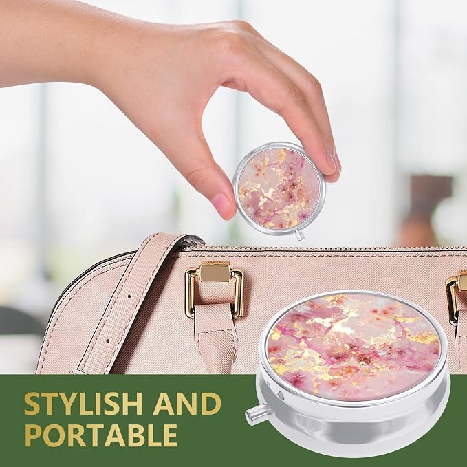 Nipichsha Pill Box, Small Pill Case for Purse & Pocket, Cute Travel Medicine Organizer, Portable Medicine Container Holder to Hold Vitamins, Medication, Fish Oil & Supplement, Gold Pink Marble | Cute Travel Medicine Organizer, Portable Medicine Contain...
