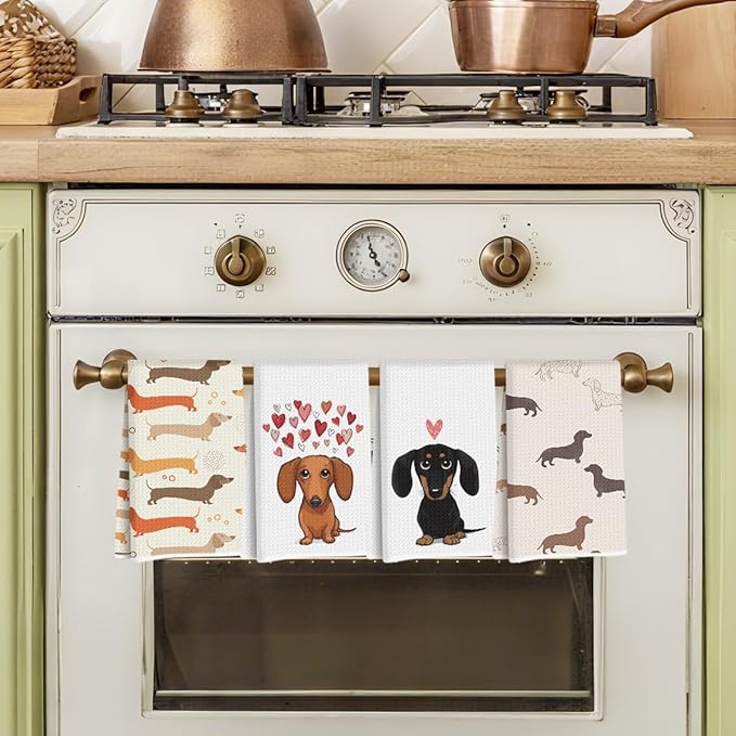 4 Pcs Dachshund Kitchen Towels 24x14 Inch, Dachshund Gifts Reusable Dish Towels for Kitchen Bathroom Decor, Waffle Weave Absorbent Hand Cloth Tea Towel, Cute Weiner Dog Gifts for Women Mom Friend