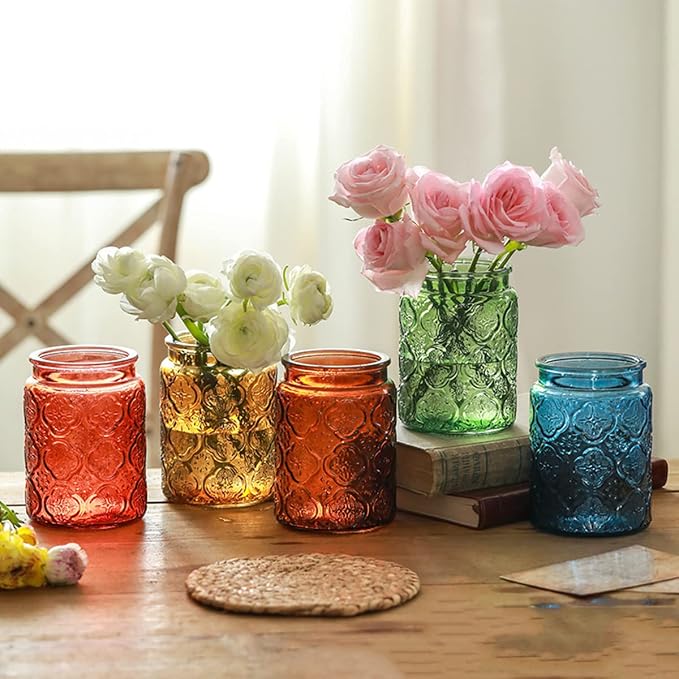 4 Pack Vintage Glass Storage Jars, 23.7 oz Begonia Flower Kitchen Canisters | Coffee Bean Container, Tea Organizer, Sugar Holder, Candy Cookie Keeper, Pantry Countertop Decor, Laundry Detergent Organizer