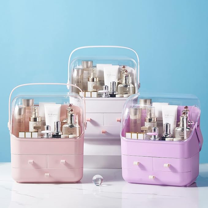 SUNFICON Makeup Organizer Cosmetic Organizer Makeup Storage Holder Box Crystal Clear Lid w Handheld 3 Drawers Dustproof Waterproof for Vanity Bathroom Countertop Birthday