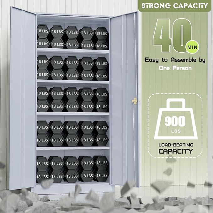 Crownland 72" Metal Storage Cabinet, Lockable Garage Storage Cabinets, High Office Cabinet with Adjustable Shelves for Garage, Home Office, Pantry, File(Cement Grey)