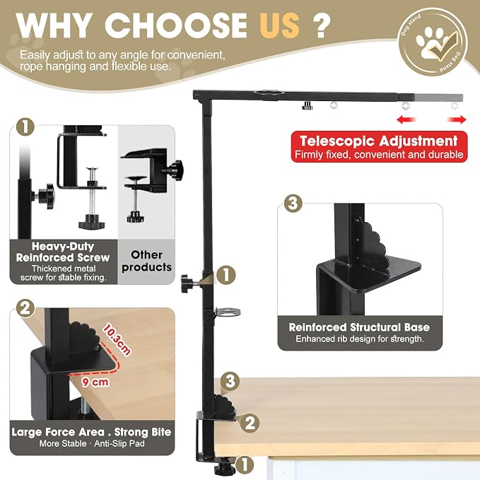 Pexhaju Dog Grooming Arm, Adjustable Foldable Integrated Table Clamp Bracket, Heavy Duty Support for Small Medium Dogs Home Salon Grooming Table Daily Use