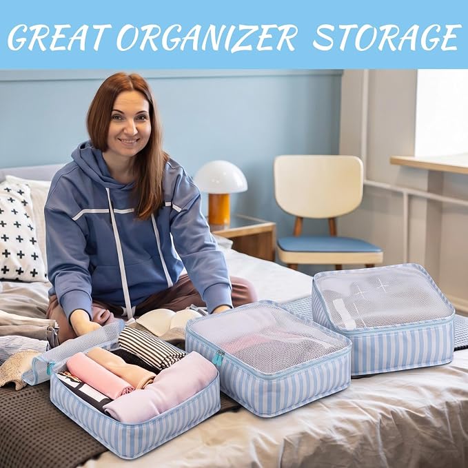 Silkfly 8 Pcs XL Packing Cube for Travel Luggage,Stripe,Blue, White | 17.7 x 13 x 4.7, Same Size, Blue White Stripe Suitcase Storage Organizer Set, Reusable Mesh Clothes Cube for Camp Family