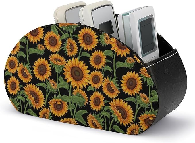 Leather Remote Control Holder Giant Sunflower Black Office Desk Organizer | with 5 Compartments, Giant Sunflower Black Caddy Storage Box for TV Remotes, Media Controllers, Makeup Brush