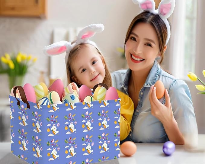 Large Rectangular Easter Baskets Empty Waterproof Boy Toy Box Foldable Kid's Gifts Storage Bin Spring Room Decor(Blue Rabbit Holding Carrot Egg)