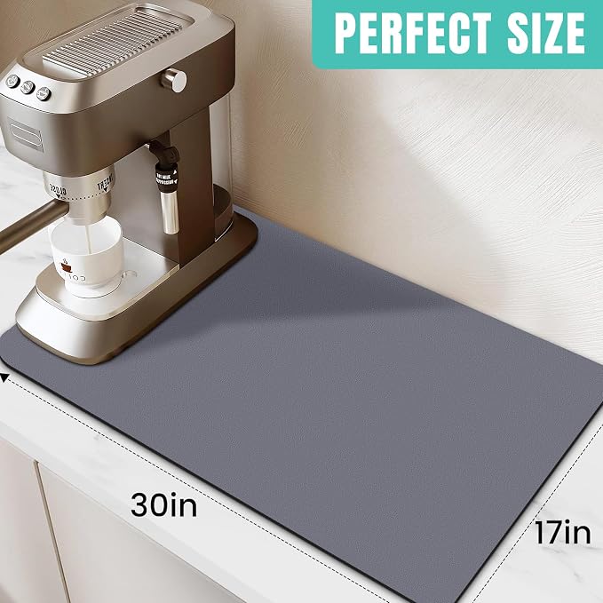 Coffee Mat Super Absorbent Dish Drying Mat Coffee Bar Mat 17"x 30", Grey