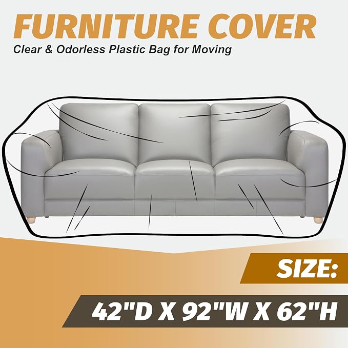 Clear Plastic Moving Sofa Couch Furniture Storage Covers | Extra Large 92x 62 x 42 Inch Moving Bags, With Label, Waterproof, Dust Proof