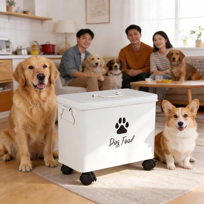Dog Food Container 13lb, Cute Airtight Pet Food Storage Containers with Metal Lid Scoop, Black Metal Storage Bin for Dog/Cat with Wheels,Easy to Move White