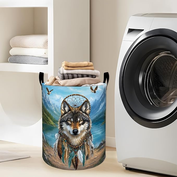 Wolf Mountain Laundry Basket, Forest Animal Dreamcatcher Storage Hamper, Round Collapsible Waterproof Cloth Bin, 19.7x15.7 Inch Nature Clothes Organizer Gifts for Bathroom Decor