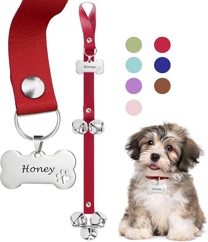 Leather Dog Bells, Puppy Potty Training Bell Dog Doorbell Potty Train Dog Bell for Potty Training Door Bells for Dogs to Ring to Go Outside Jingle Bells (Leather Red, Bone 1 PCS)